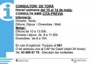 Horaris del consultori mèdic la setmana del 10 al 14 de maig