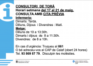 Horaris del consultori mèdic la setmana del 17 al 21 de maig