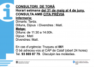 Horaris del consultori mèdic la setmana del 31 de maig al 4 de juny