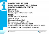 Horaris del consultori mèdic la setmana del 7 a l’11 de juny