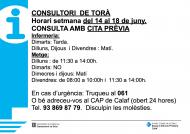 Horaris del consultori mèdic la setmana del 14 al 18 de juny