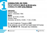 Horaris del consultori mèdic la setmana del 21 al 25 de juny