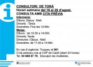 Horaris del consultori mèdic la setmana del 16 al 20 d’agost