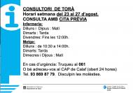 Horaris del consultori mèdic la setmana del 23 al 27 d’agost