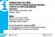 Horaris del consultori mèdic la setmana del del 20 al 24 de setembre