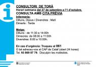 Horaris del consultori mèdic la setmana del 27 de setembre a l’1 d’octubre