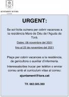 URGENT: Se sol·licita cuinera per cobrir vacances a la residència Mare de Déu de l'Aguda de Torà