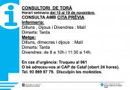 Horaris del consultori mèdic la setmana del 15 al 19 de novembre