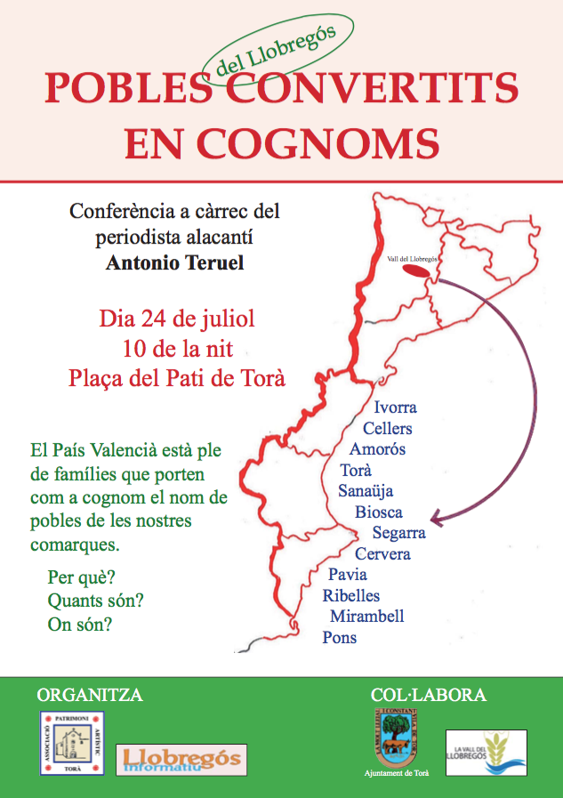 cartell Conferència Pobles del Llobregós convertits en cognoms