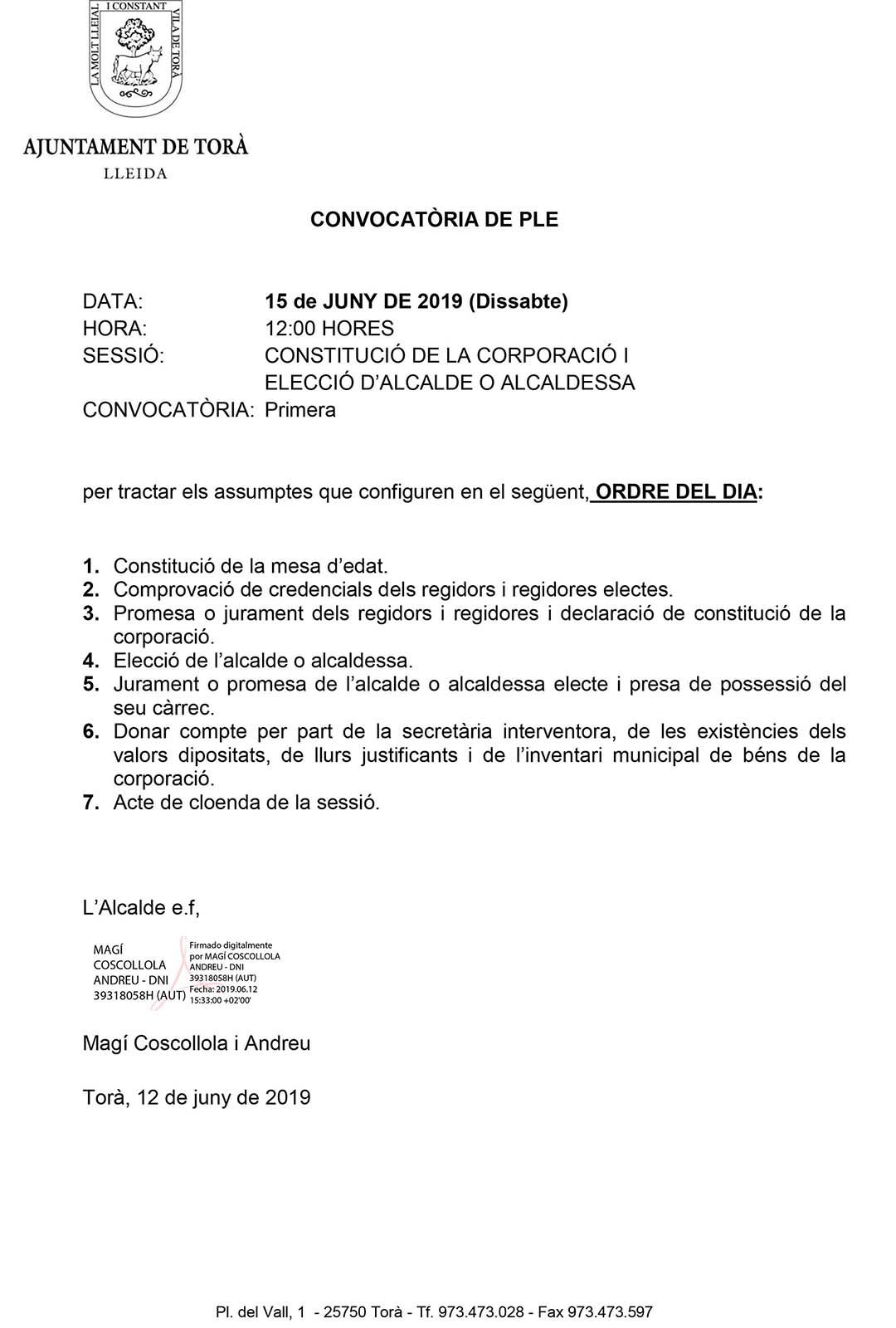 Convocatòria Ple 'Constitució de la corporació i elecció d'alcalde o alcaldessa