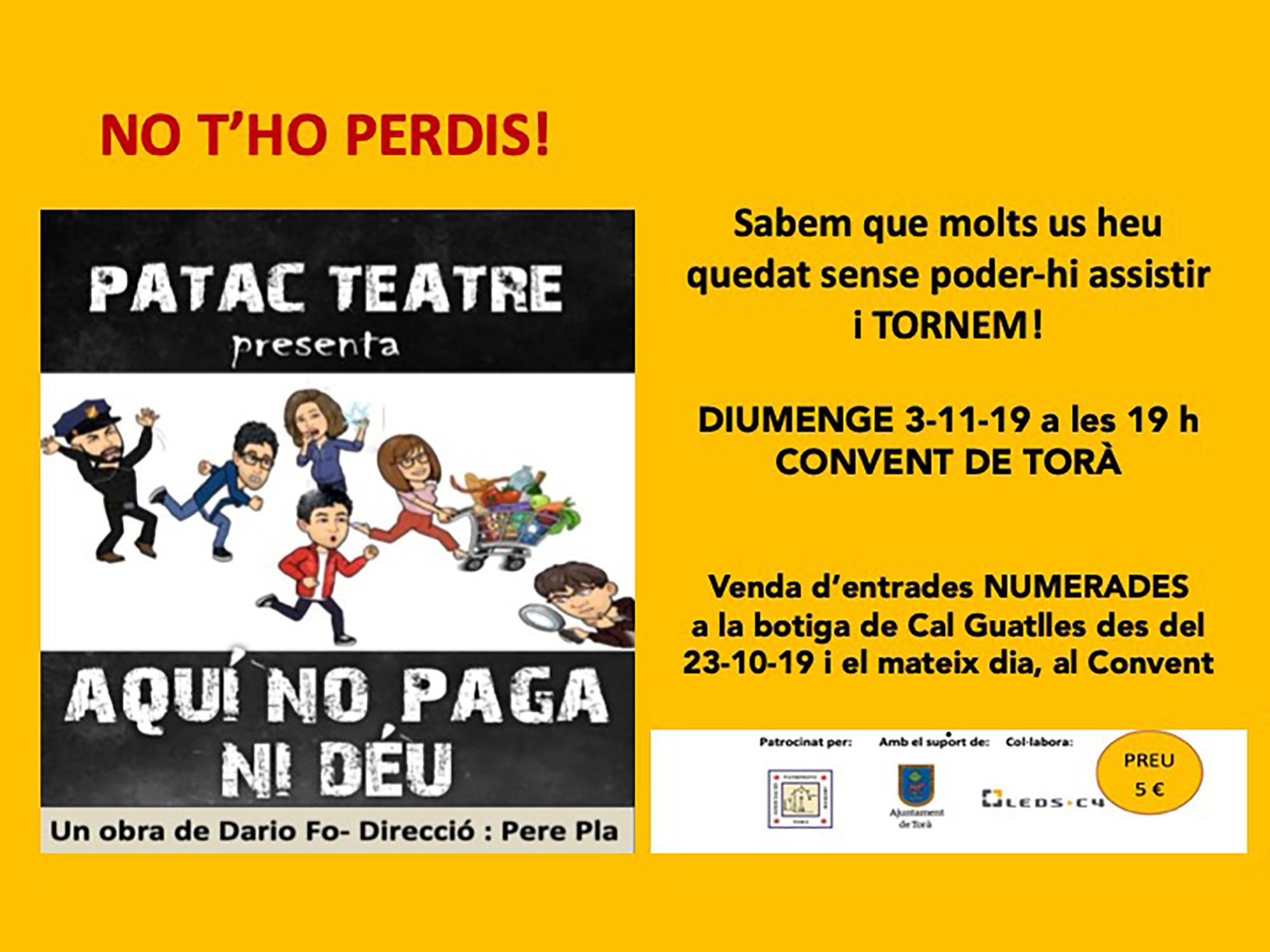 cartell PATAC Teatre 'Aquí no paga ni Déu'