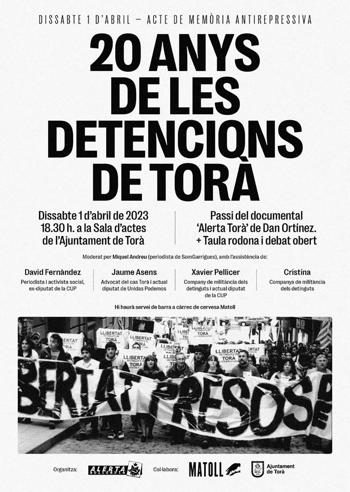 cartell 20 anys de les detencions de Torà